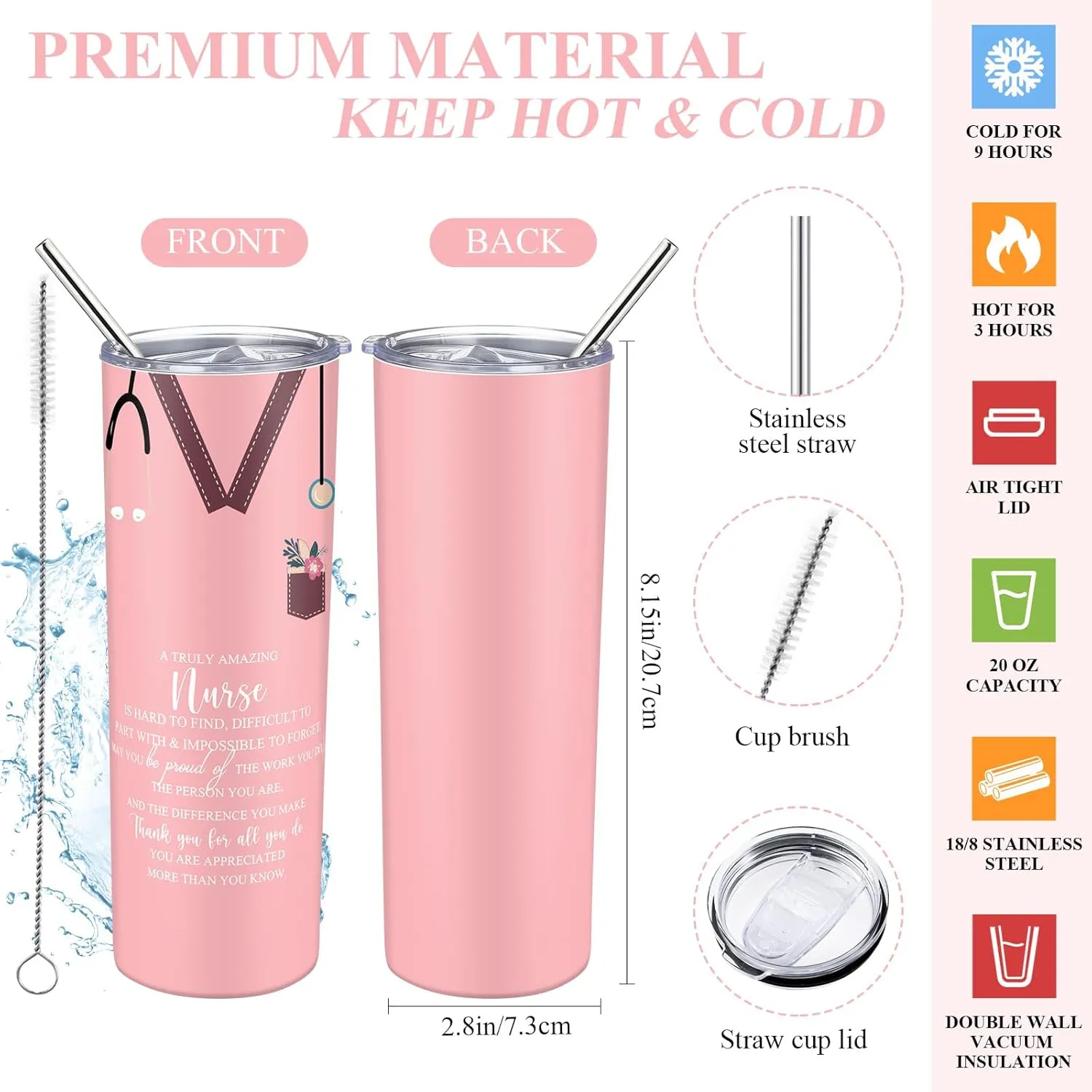 Buryeah 2 Pcs CNA Nurse Week Appreciation Gifts Nursing Tote Bag 20 oz Tumbler Cup with Lid Thank You Gift Women(Pink)