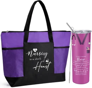 Buryeah 2 Pcs CNA Nurse Week Appreciation Gifts Nursing Tote Bag 20 oz Tumbler Cup with Lid Thank You Gift Women(Purple)