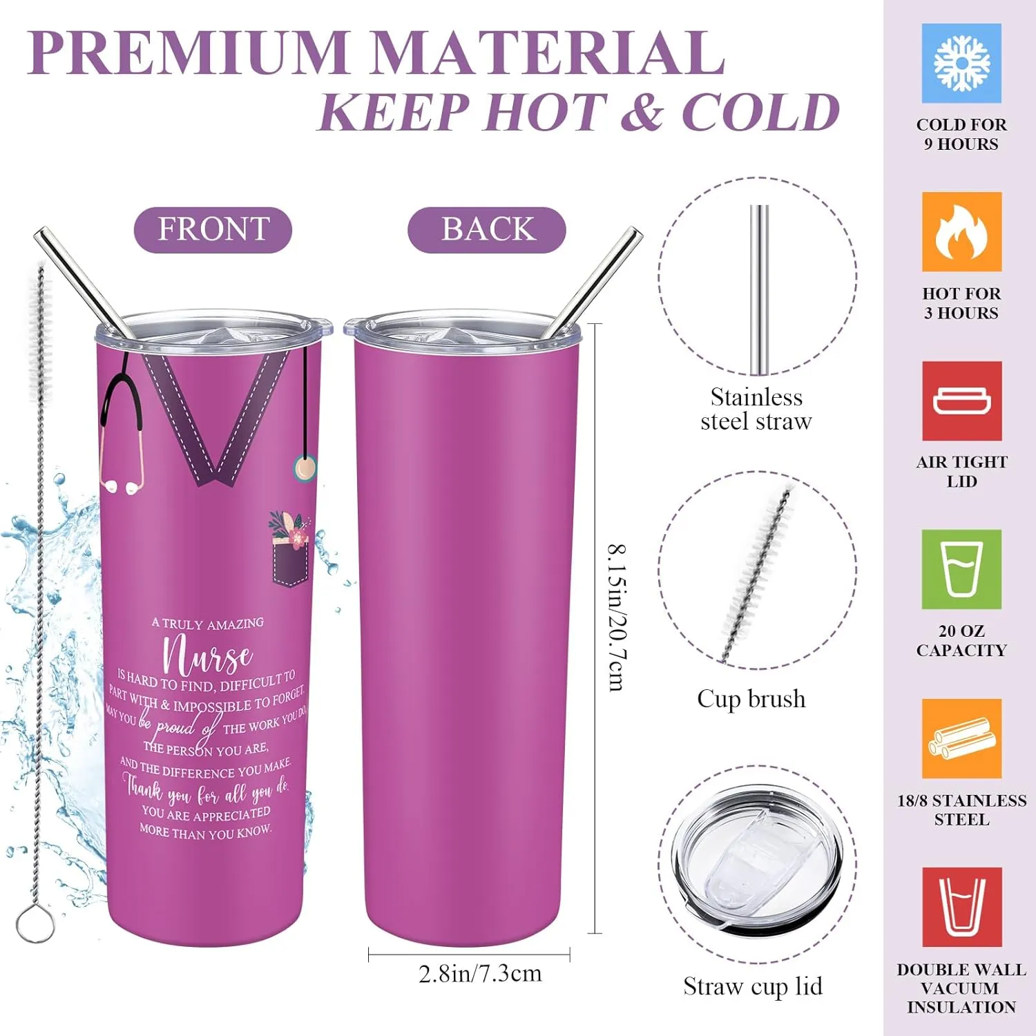 Buryeah 2 Pcs CNA Nurse Week Appreciation Gifts Nursing Tote Bag 20 oz Tumbler Cup with Lid Thank You Gift Women(Purple)