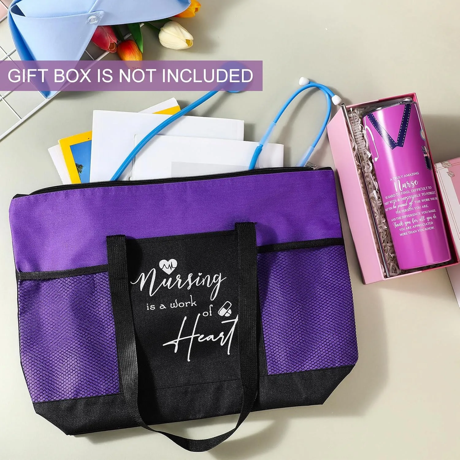 Buryeah 2 Pcs CNA Nurse Week Appreciation Gifts Nursing Tote Bag 20 oz Tumbler Cup with Lid Thank You Gift Women(Purple)