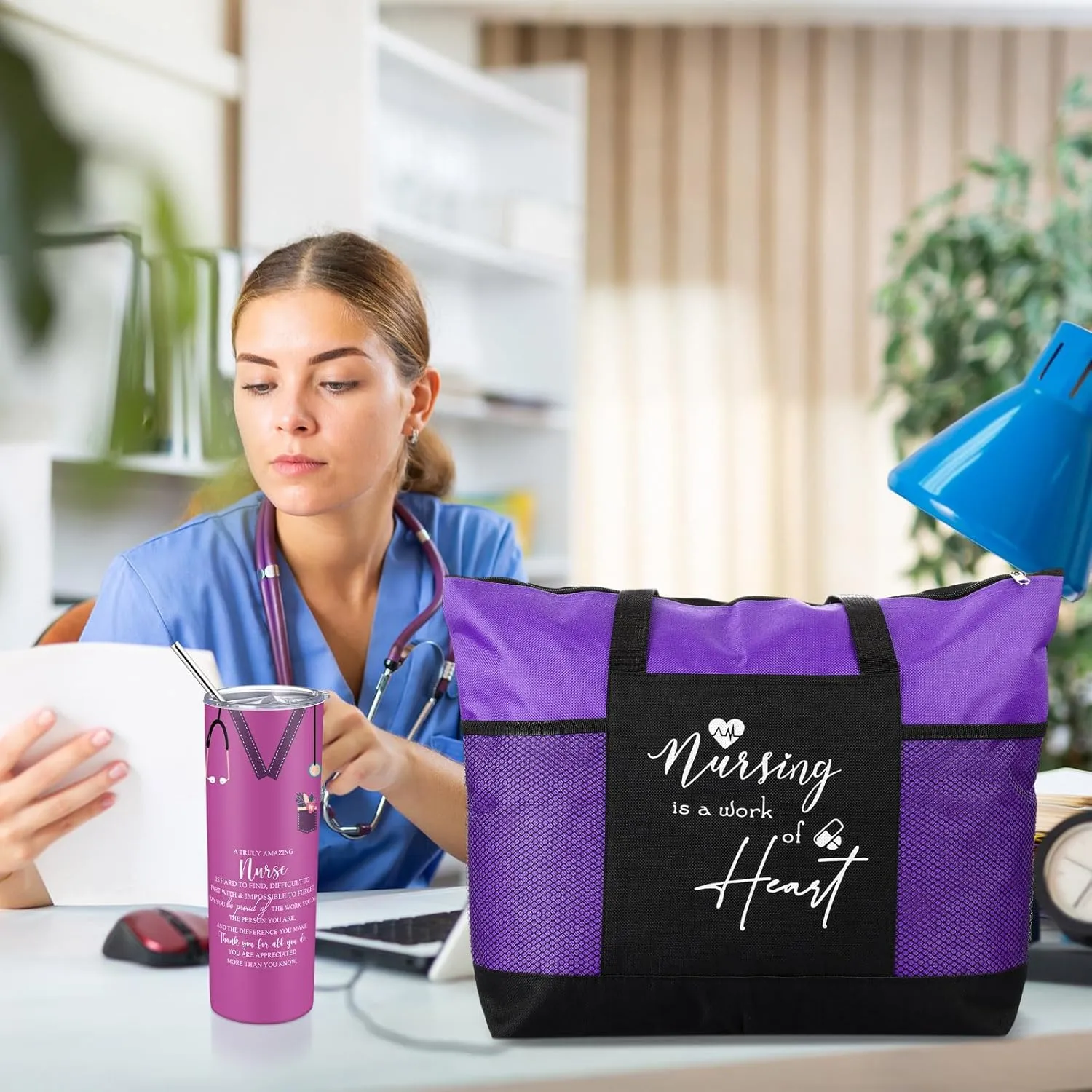 Buryeah 2 Pcs CNA Nurse Week Appreciation Gifts Nursing Tote Bag 20 oz Tumbler Cup with Lid Thank You Gift Women(Purple)