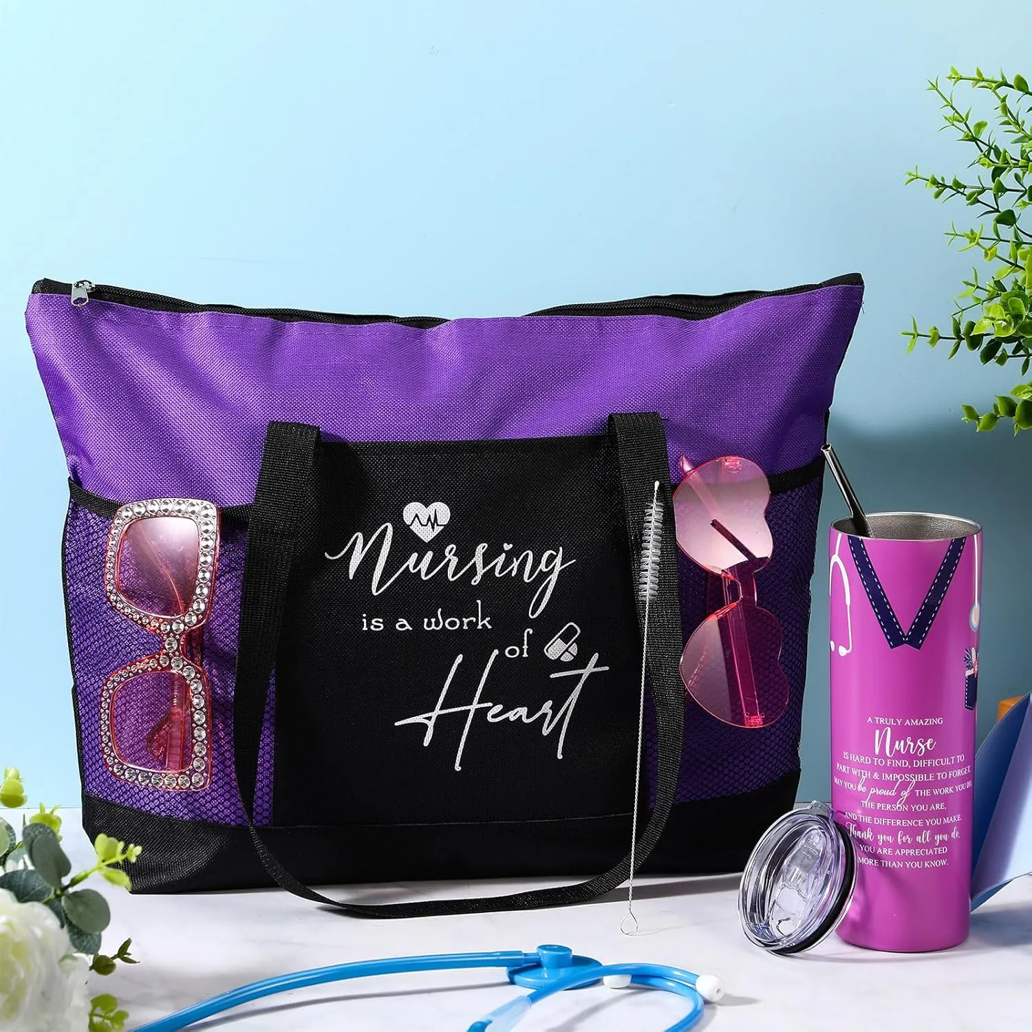 Buryeah 2 Pcs CNA Nurse Week Appreciation Gifts Nursing Tote Bag 20 oz Tumbler Cup with Lid Thank You Gift Women(Purple)