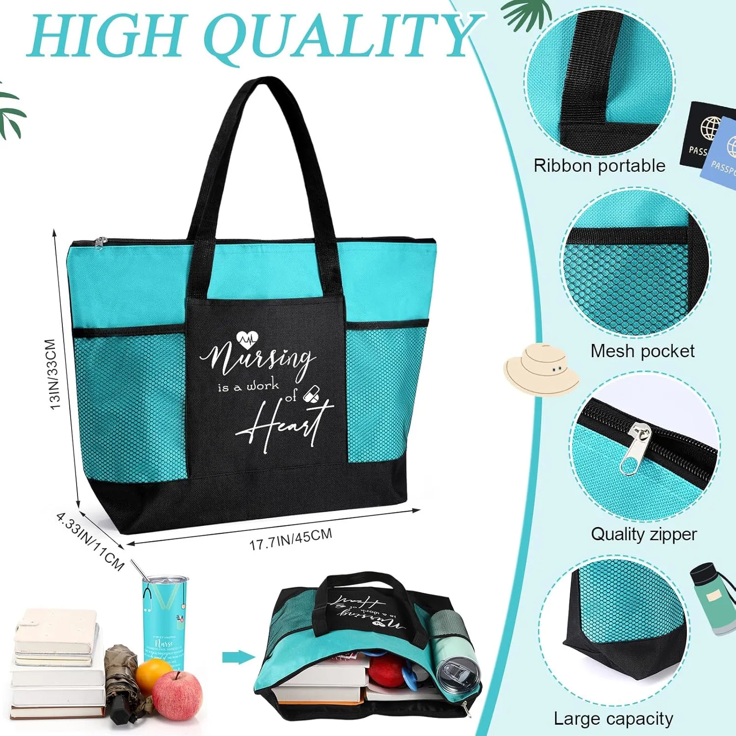 Buryeah 2 Pcs CNA Nurse Week Appreciation Gifts Nursing Tote Bag 20 oz Tumbler Cup with Lid Thank You Gift Women(Teal)