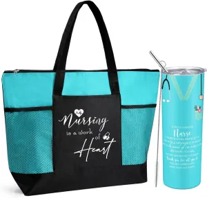 Buryeah 2 Pcs CNA Nurse Week Appreciation Gifts Nursing Tote Bag 20 oz Tumbler Cup with Lid Thank You Gift Women(Teal)