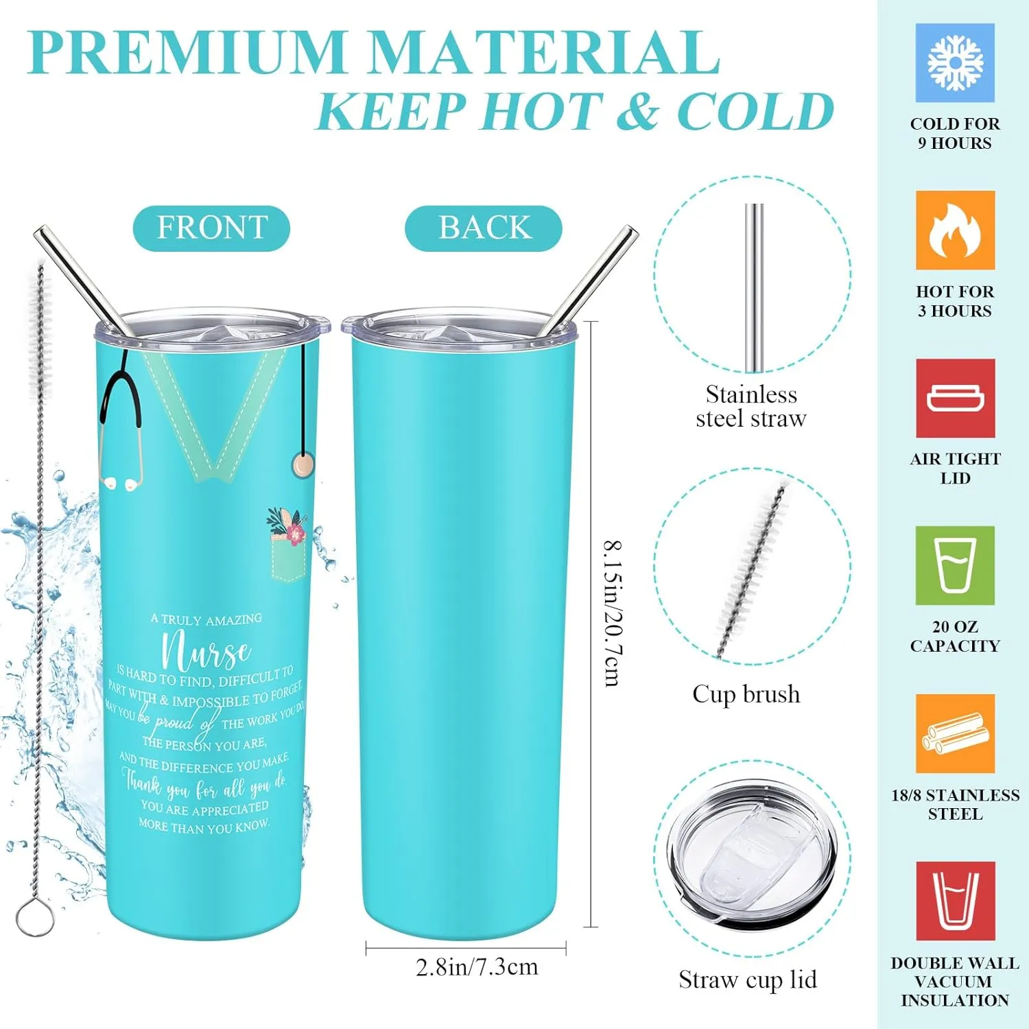 Buryeah 2 Pcs CNA Nurse Week Appreciation Gifts Nursing Tote Bag 20 oz Tumbler Cup with Lid Thank You Gift Women(Teal)