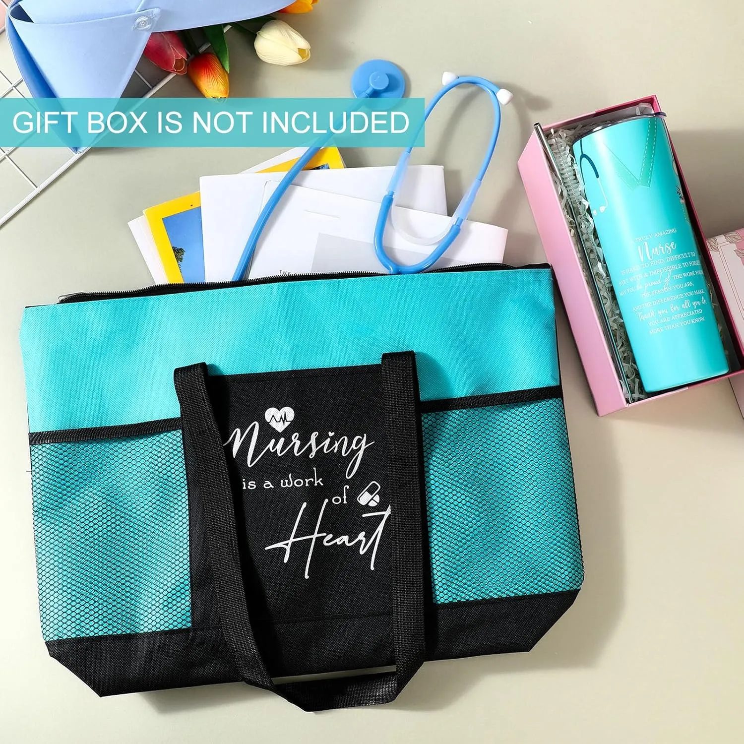 Buryeah 2 Pcs CNA Nurse Week Appreciation Gifts Nursing Tote Bag 20 oz Tumbler Cup with Lid Thank You Gift Women(Teal)