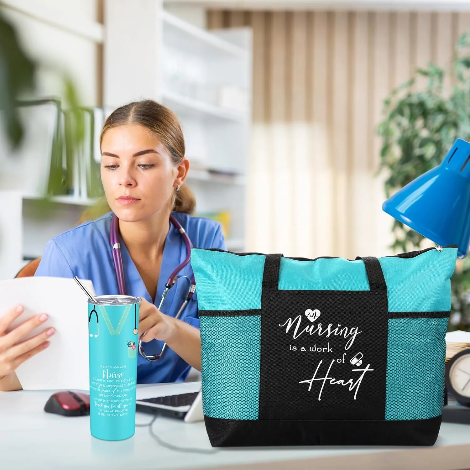 Buryeah 2 Pcs CNA Nurse Week Appreciation Gifts Nursing Tote Bag 20 oz Tumbler Cup with Lid Thank You Gift Women(Teal)