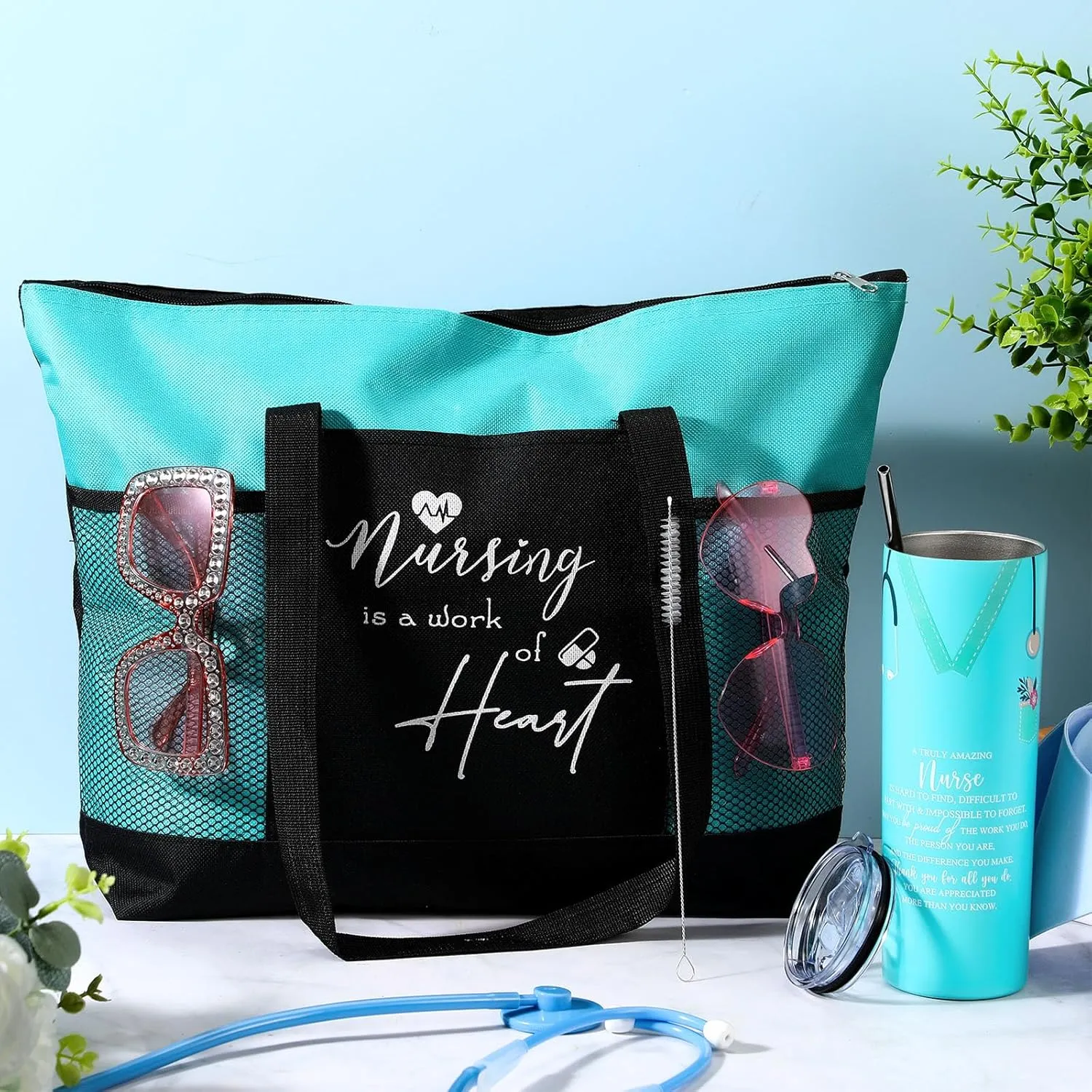 Buryeah 2 Pcs CNA Nurse Week Appreciation Gifts Nursing Tote Bag 20 oz Tumbler Cup with Lid Thank You Gift Women(Teal)