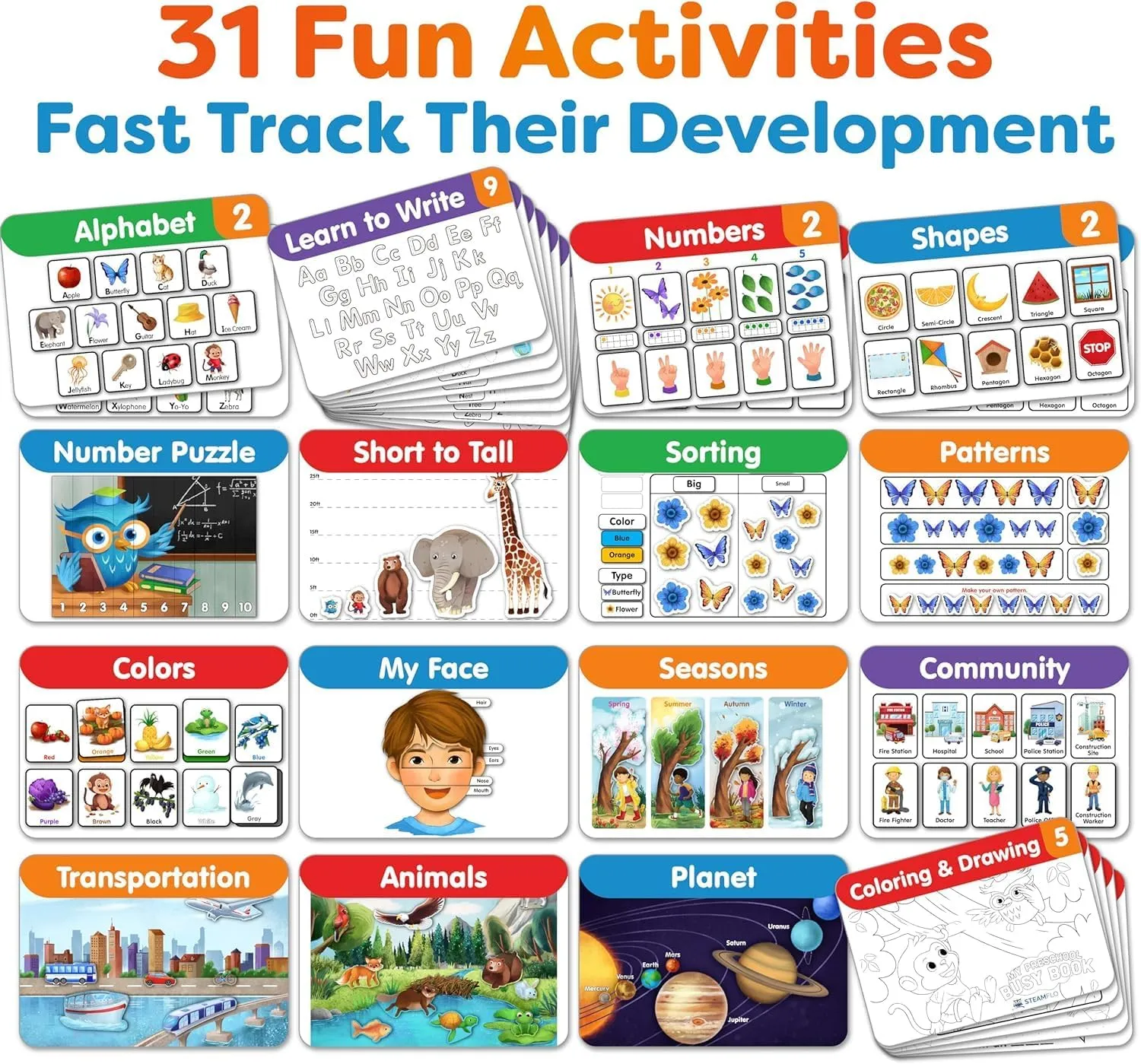 Busy Book for Toddlers 3-7 and Up - MONTESSORI Activity Book with 31 Interactive Toddler Learning Activities - Educational Toys for 3 Year Old Boys & Girls and Up - Autism Sensory Learning Materials