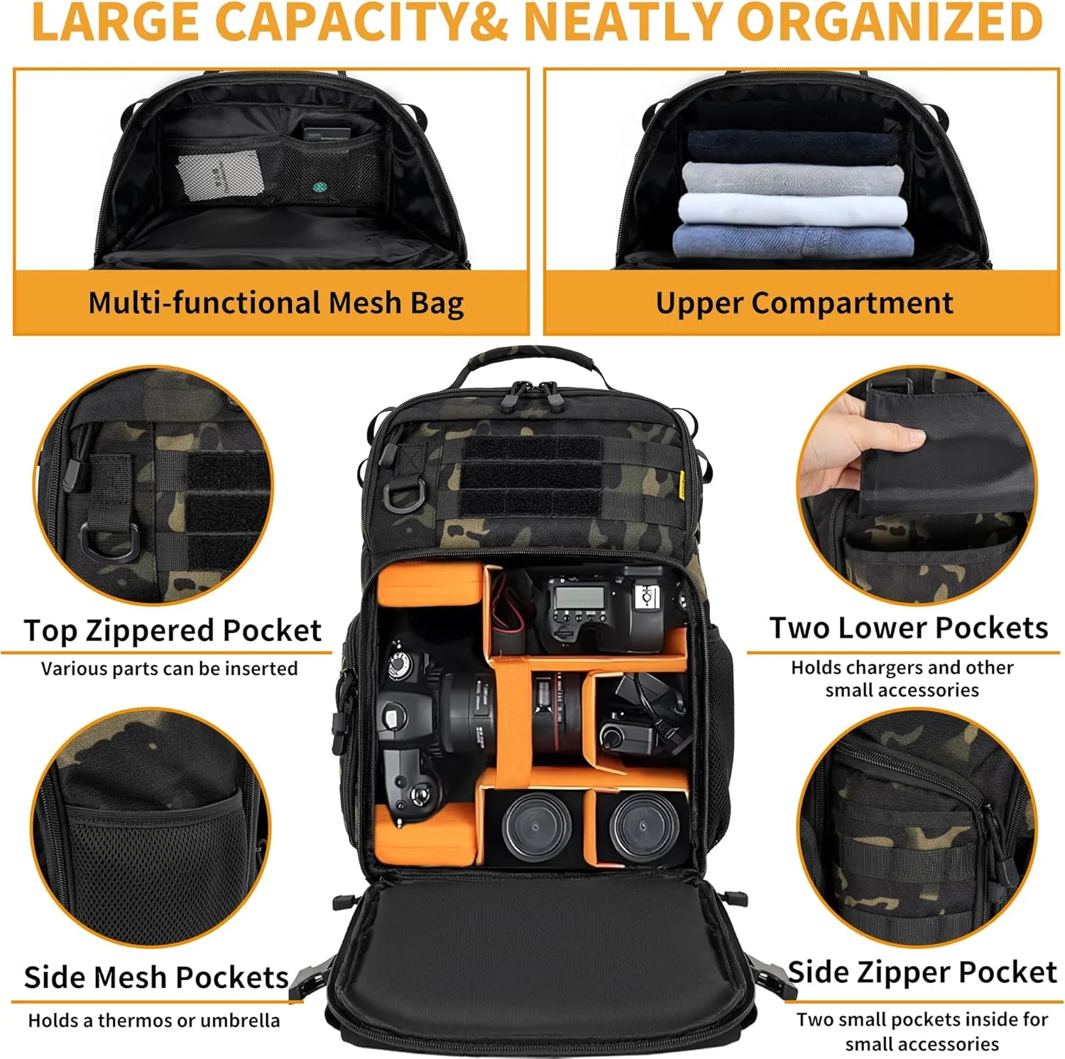 Camera Backpack for DSLR/SLR/Mirrorless Photography Camera, Tactical Camera Bag Case Water-resistant Travel Backpack with 15.6" Laptop Compartment Compatible with Canon/Nikon/Sony/DJI Mavic Drone