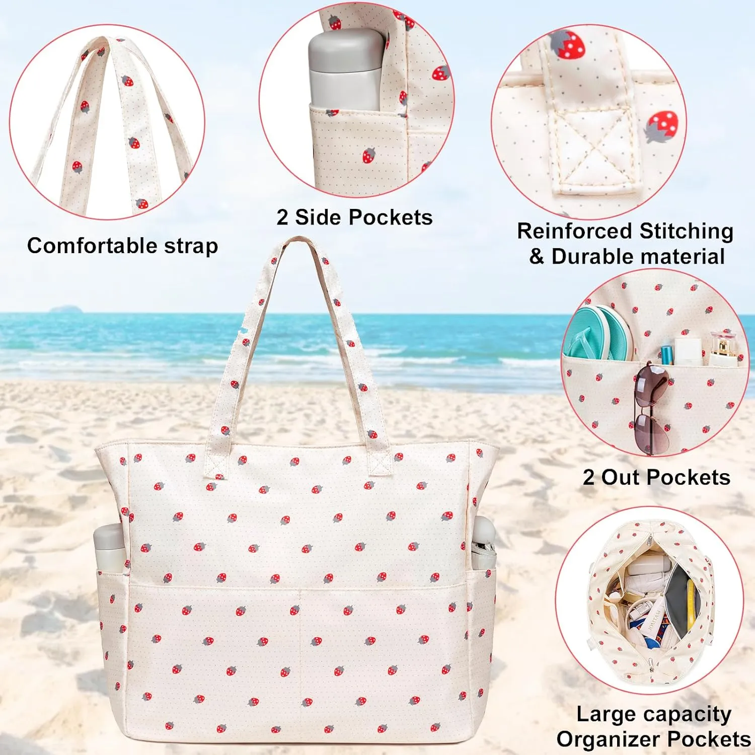 CAMTOP Waterproof Beach Tote Bag for Women Girls with Zipper Foldable Sandproof Pool Swim Bag Travel Carry On Gym