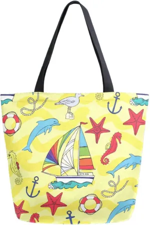 Canvas Tote Bag Nautical Boats Dolphin Women Shoulder Bag Summer Seahorse Wheel Reusable Grocery Bags Large Handbag Travel Shopping Bag for School Nursing Gift Outdoors