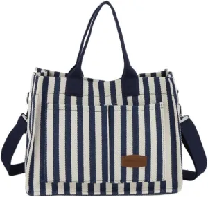 Canvas Tote Bag with Multi Pockets Women Stripe Crossbody Tote Bag Casual Purse Handbag Shoulder Bag for Work College Travel