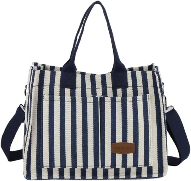 Canvas Tote Bag with Multi Pockets Women Stripe Crossbody Tote Bag Casual Purse Handbag Shoulder Bag for Work College Travel