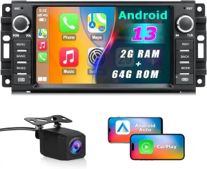 Car Stereo for Jeep Wrangler JK 2007-2018 Radio Dodge Ram 1500 2500 3500 Touchscreen Stereo with Android Auto, GPS Navigation, Bluetooth, SWC, FM, AM, Backup Camera