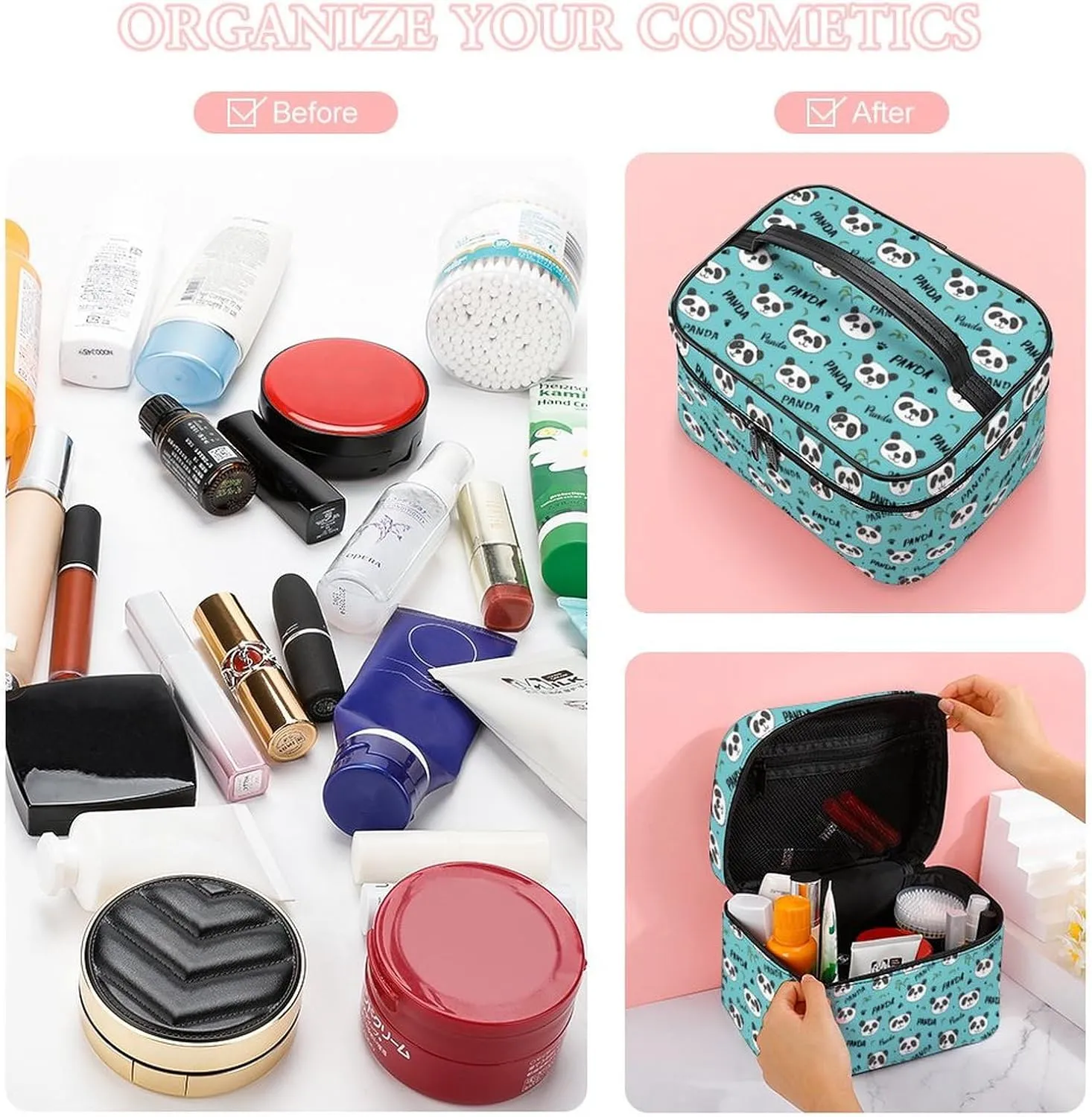 Cartoon Animal Cute Pandas Makeup Bags For Women Travel Cosmetic Bag Large Waterproof Skincare Toiletry Bags With Handle Cosmetic Organizer Portable Make Up Box For Wedding Party