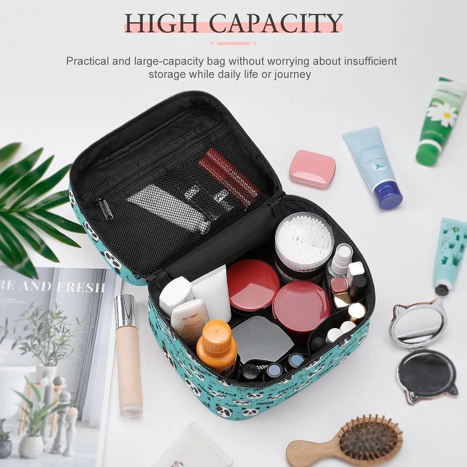 Cartoon Animal Cute Pandas Makeup Bags For Women Travel Cosmetic Bag Large Waterproof Skincare Toiletry Bags With Handle Cosmetic Organizer Portable Make Up Box For Wedding Party