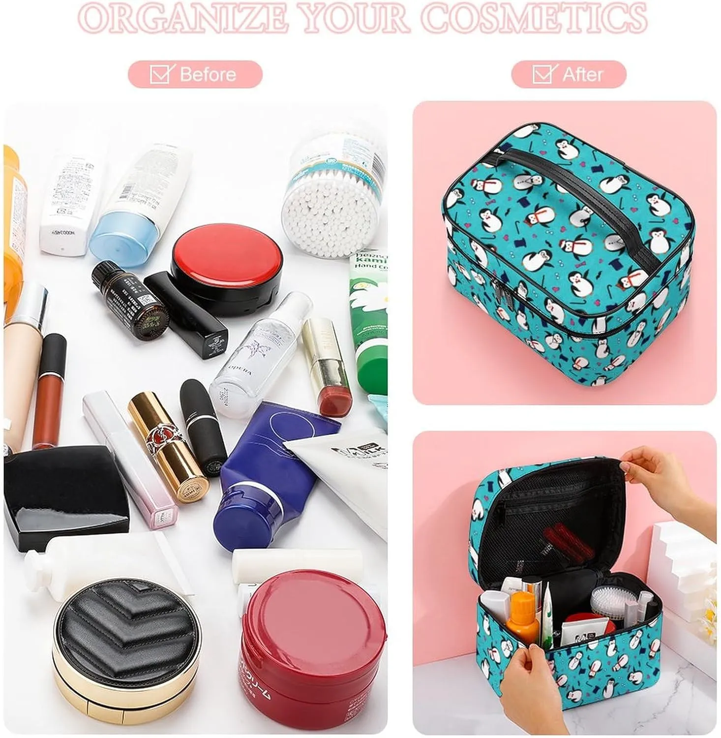 Cartoon Cute Penguins Cosmetic Bag For Women Travel Make Up Bags Skincare Toiletry Storage Organizer Mens Holiday Waterproof Soft Leather Makeup Box With Handle Compartments