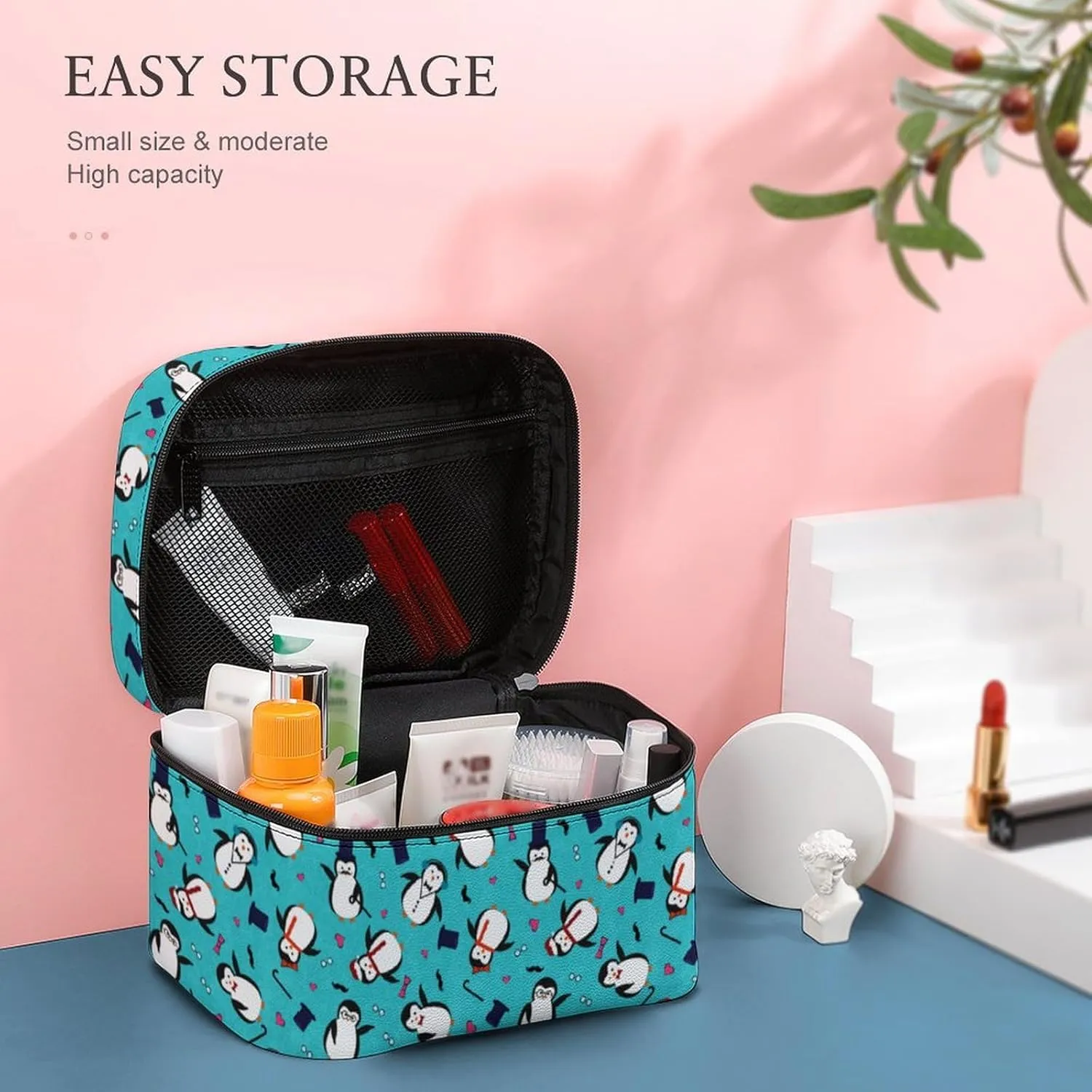 Cartoon Cute Penguins Cosmetic Bag For Women Travel Make Up Bags Skincare Toiletry Storage Organizer Mens Holiday Waterproof Soft Leather Makeup Box With Handle Compartments