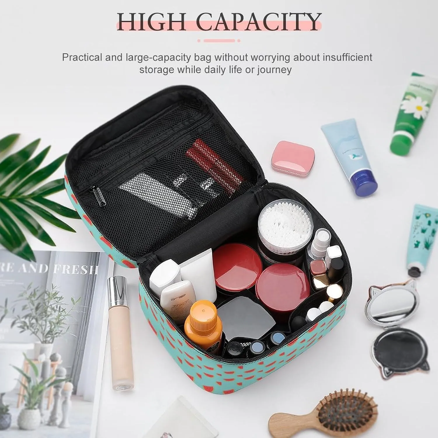 Cartoon Cute Red Watermelon Makeup Bags For Women Travel Cosmetic Bag Large Waterproof Skincare Toiletry Bags With Handle Cosmetic Organizer Portable Make Up Box For Wedding Party