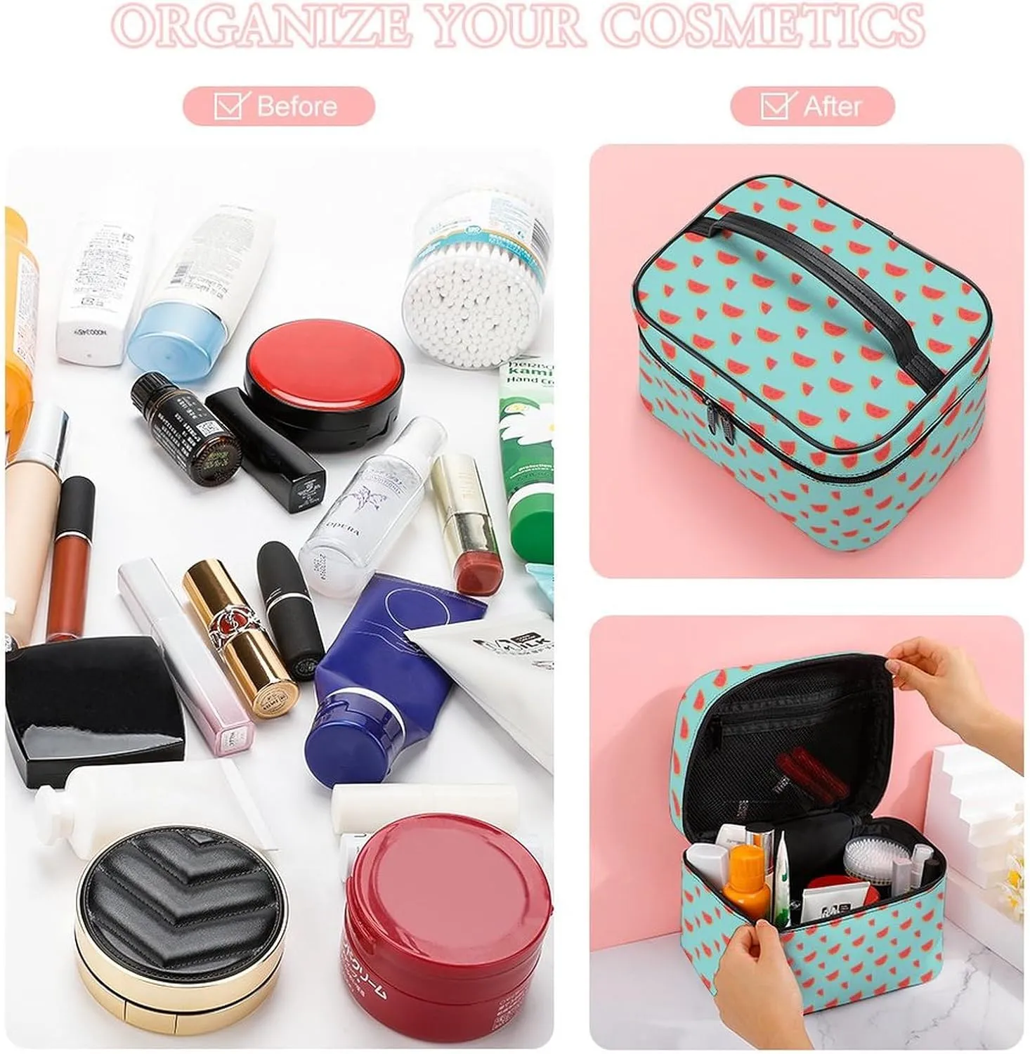 Cartoon Cute Red Watermelon Makeup Bags For Women Travel Cosmetic Bag Large Waterproof Skincare Toiletry Bags With Handle Cosmetic Organizer Portable Make Up Box For Wedding Party