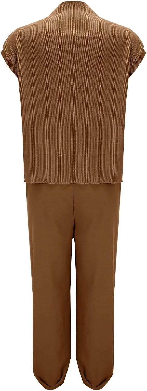 Casual Sleeveless Sweater Sets for Women 2 Piece Solid Outfits Ribbed Knit Cap Sleeve Vest Top and Jogger Pants Matching Sets