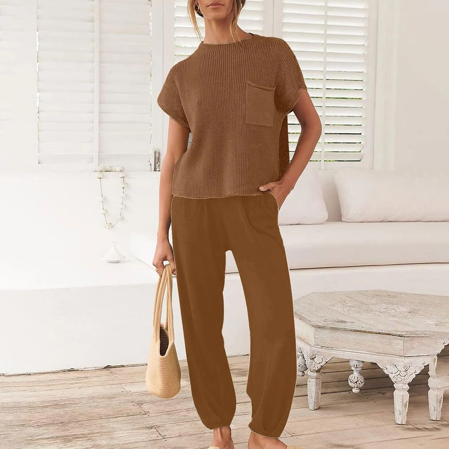 Casual Sleeveless Sweater Sets for Women 2 Piece Solid Outfits Ribbed Knit Cap Sleeve Vest Top and Jogger Pants Matching Sets