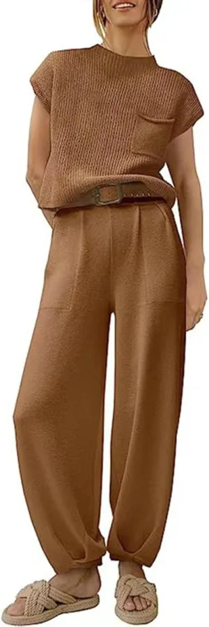 Casual Sleeveless Sweater Sets for Women 2 Piece Solid Outfits Ribbed Knit Cap Sleeve Vest Top and Jogger Pants Matching Sets