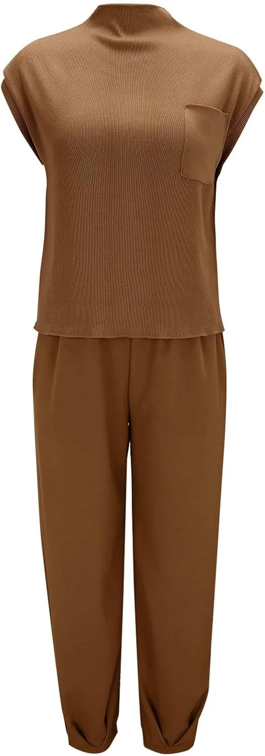 Casual Sleeveless Sweater Sets for Women 2 Piece Solid Outfits Ribbed Knit Cap Sleeve Vest Top and Jogger Pants Matching Sets