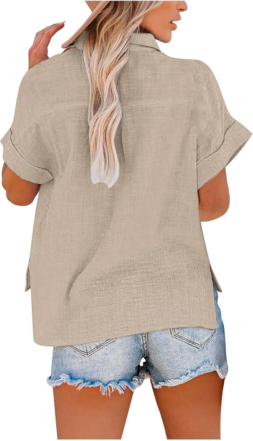 Ceboyel Women Cotton Linen Summer Shirts Collared Button Down Blouses Gauze Short Sleeve Tops Causal Ladies Outfits 2023