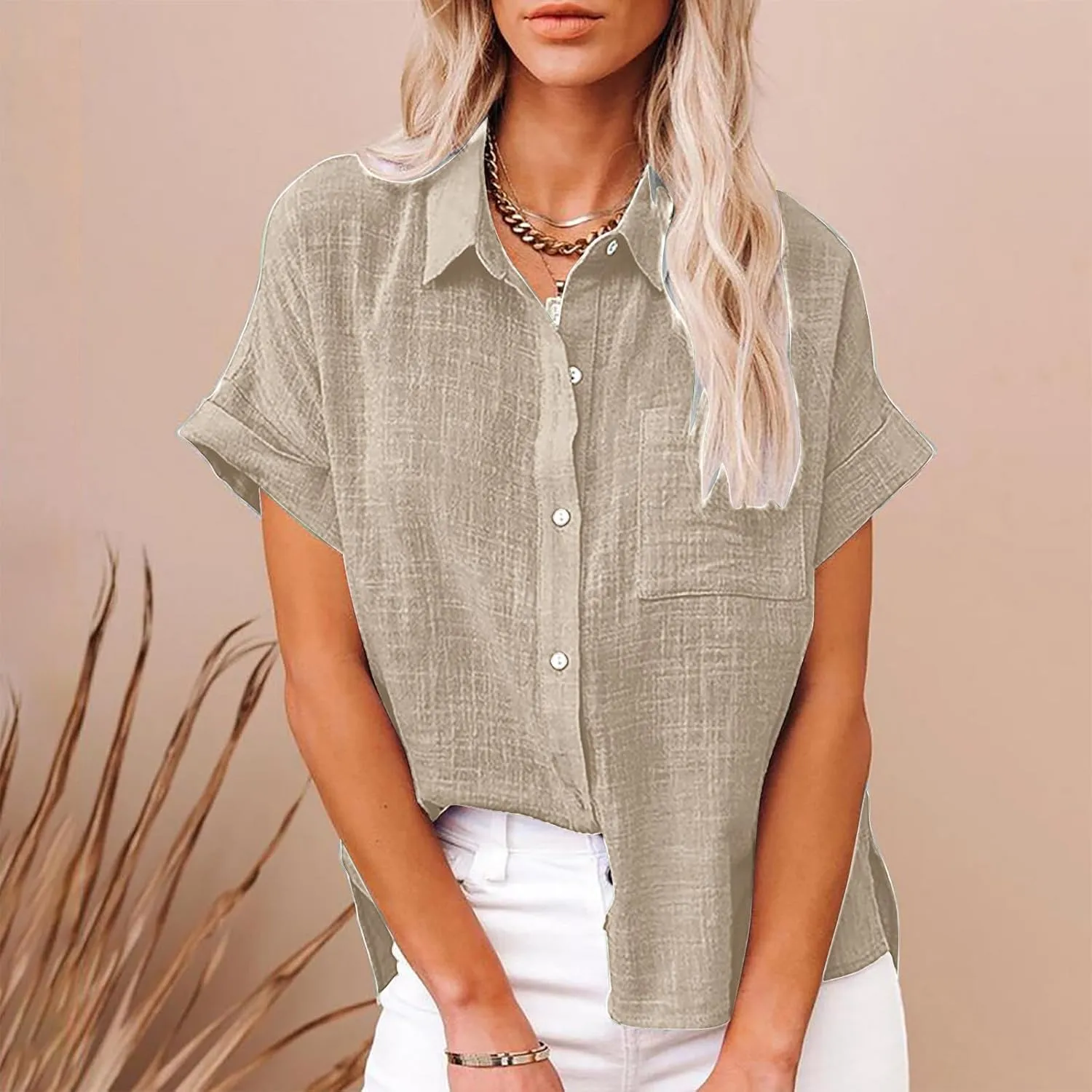 Ceboyel Women Cotton Linen Summer Shirts Collared Button Down Blouses Gauze Short Sleeve Tops Causal Ladies Outfits 2023
