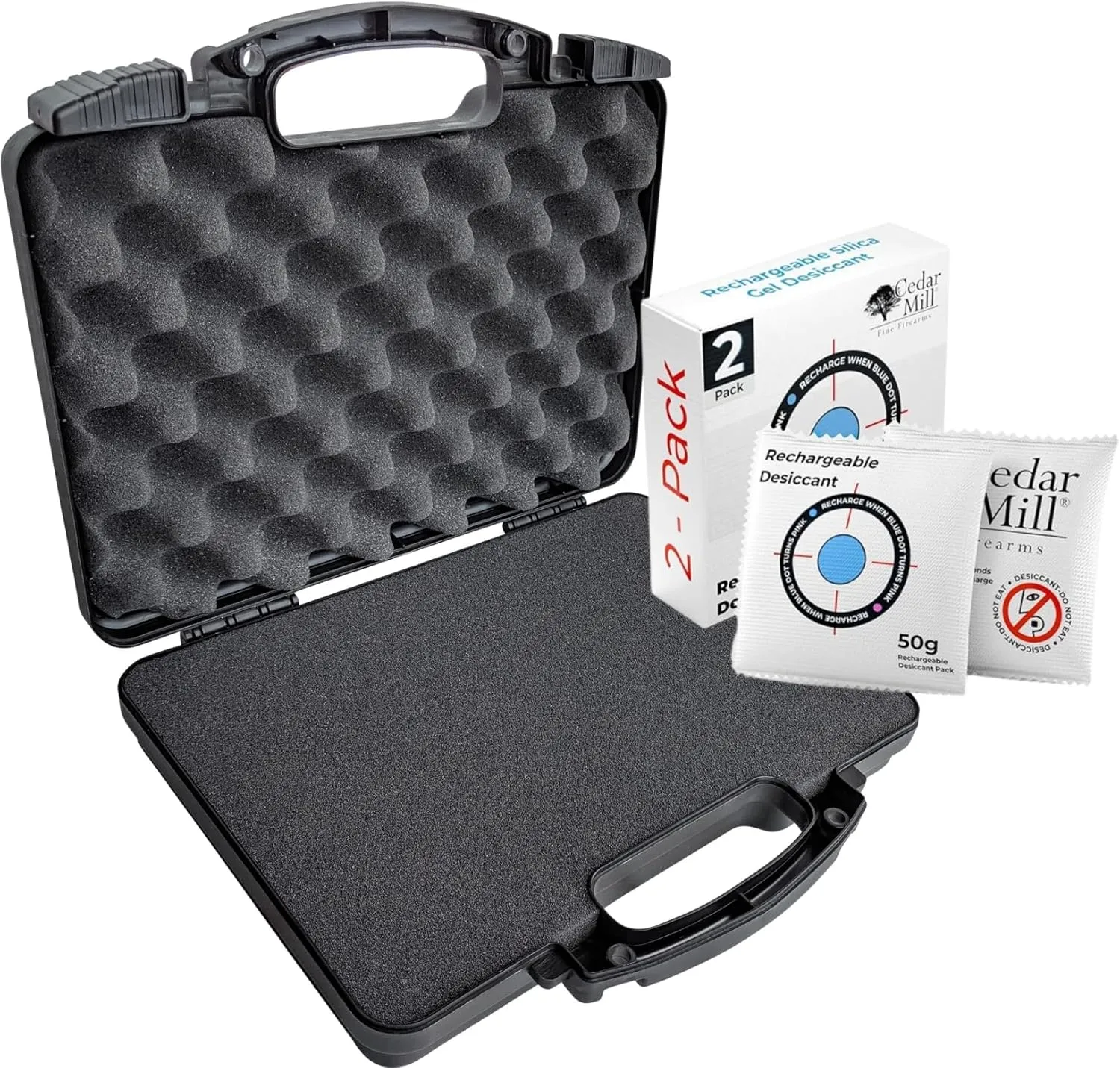 Cedar Mill Fine Firearms TSA Approved Gun Case for Handgun & 9mm Pistol, Revolver Travel Pistol Carrying Bag (12.3” x 10.5”) and 2x 50gms Rechargeable Desiccant Packs, Gun Safe Dehumidifiers