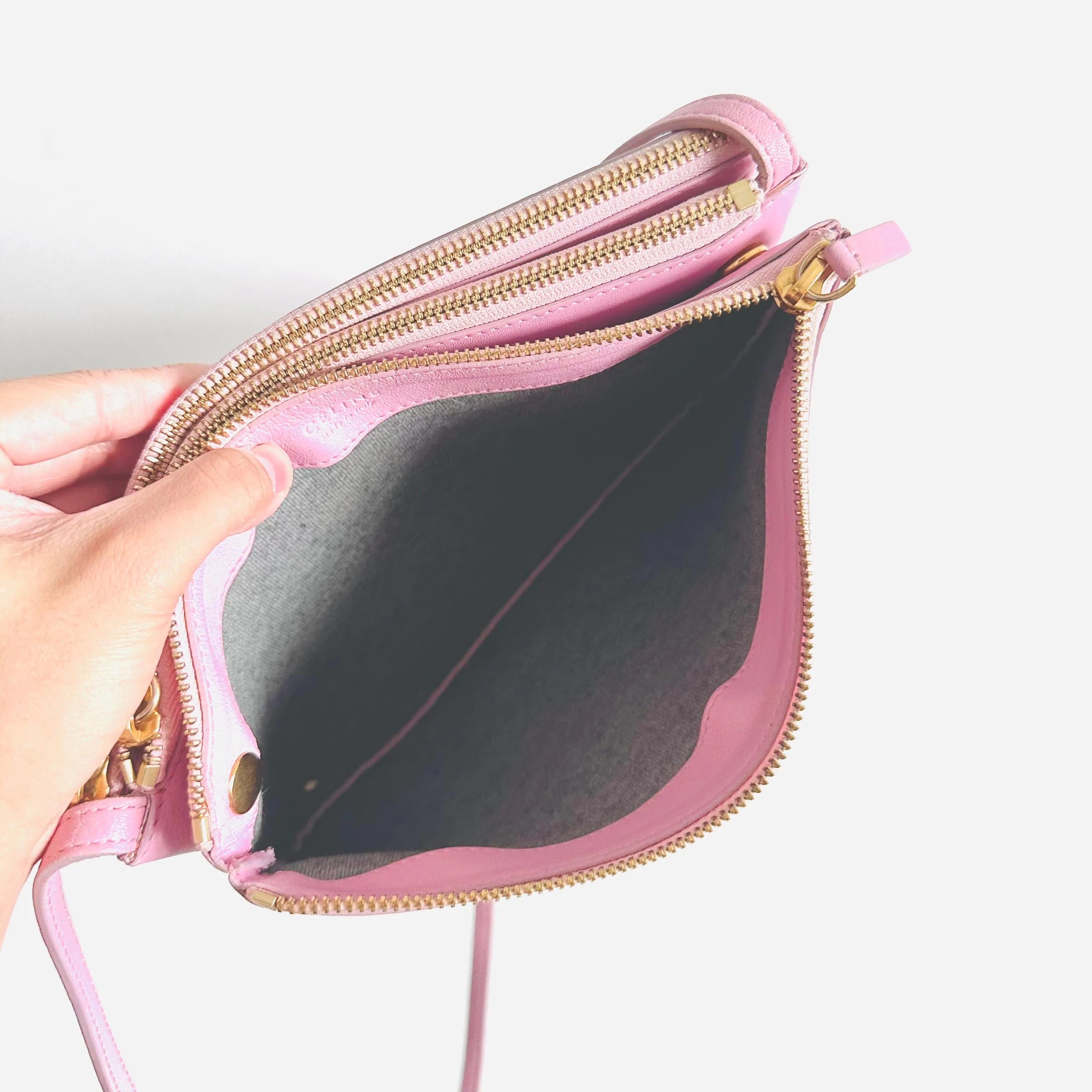 Celine Bubblegum Baby Pink GHW Large Trio Logo Shoulder Sling Bag / Pouch Case Clutch