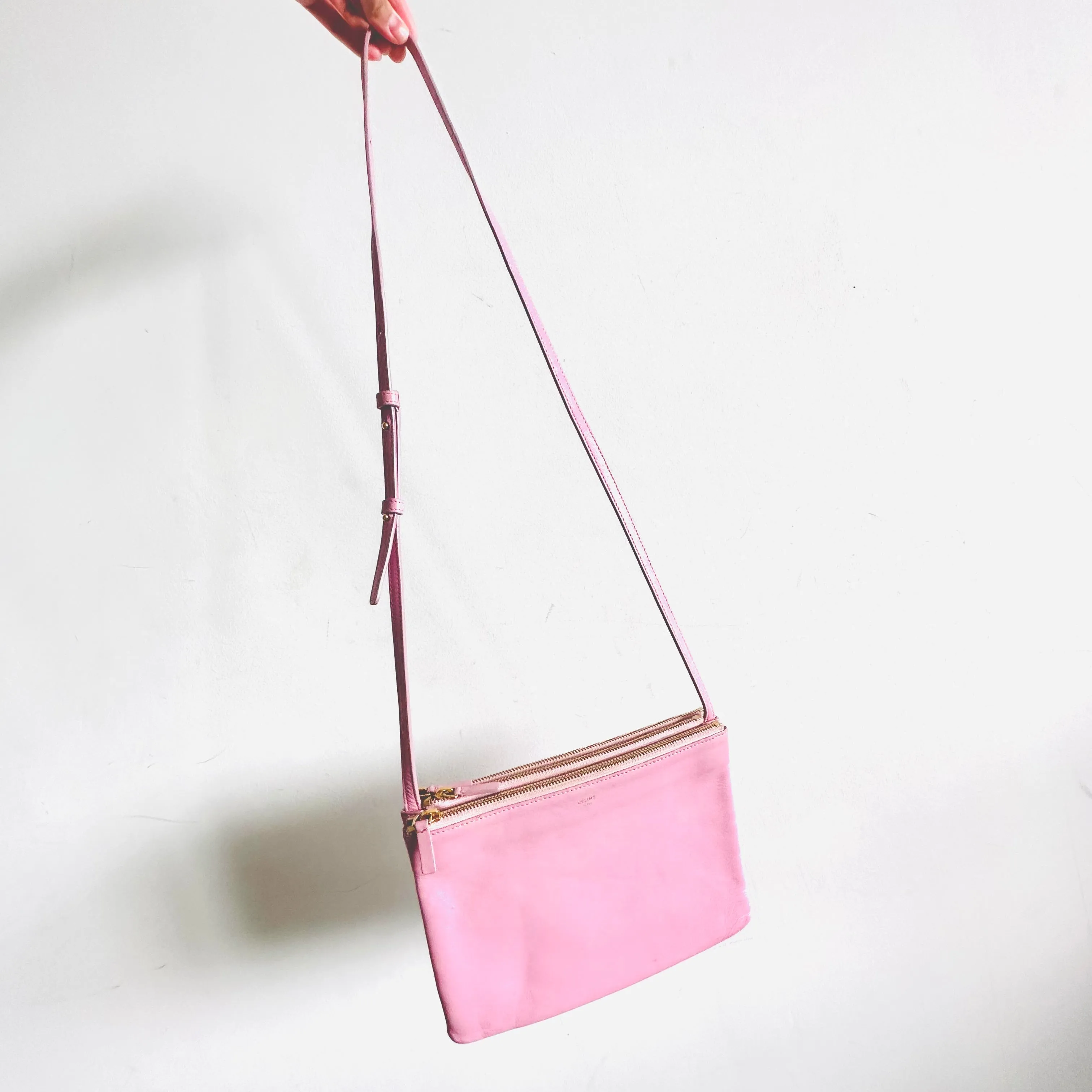Celine Bubblegum Baby Pink GHW Large Trio Logo Shoulder Sling Bag / Pouch Case Clutch