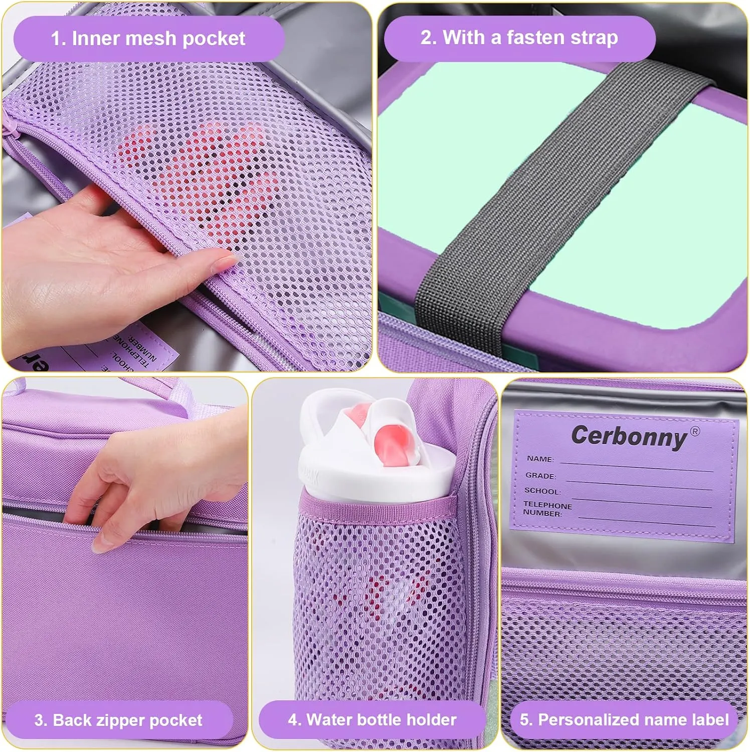 Cerbonny Kids Lunch Box, Crystal Purple, Insulated, Durable, Adjustable Shoulder Strap, Keeps Food Warm, Ideal for School and Travel