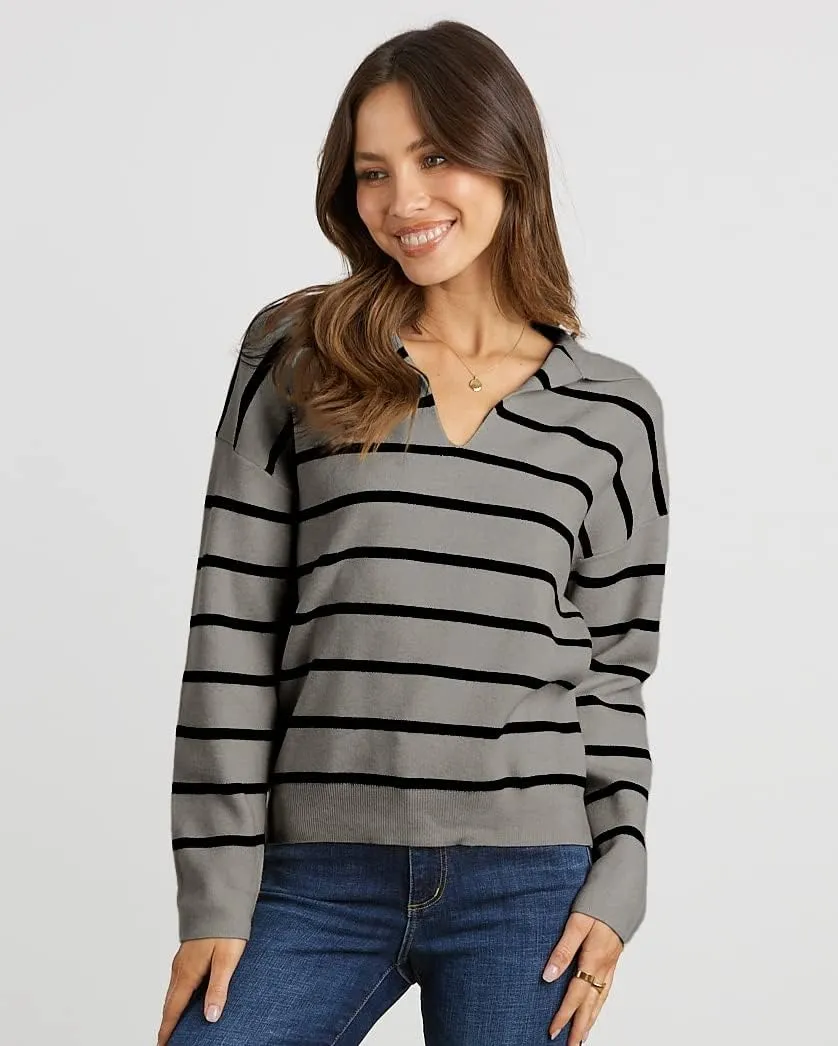 CFLONGE Women's Casual Striped Long Sleeve Polo V Neck Lightweight Pullover Sweater Loose Fit Drop Shoulder Knitted Shirt Top