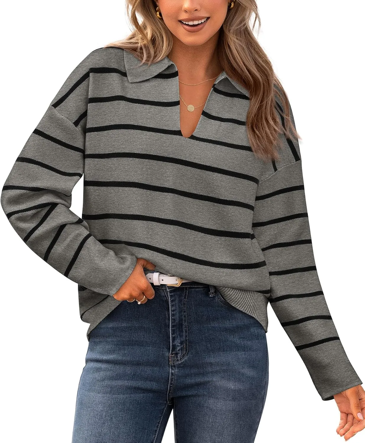 CFLONGE Women's Casual Striped Long Sleeve Polo V Neck Lightweight Pullover Sweater Loose Fit Drop Shoulder Knitted Shirt Top