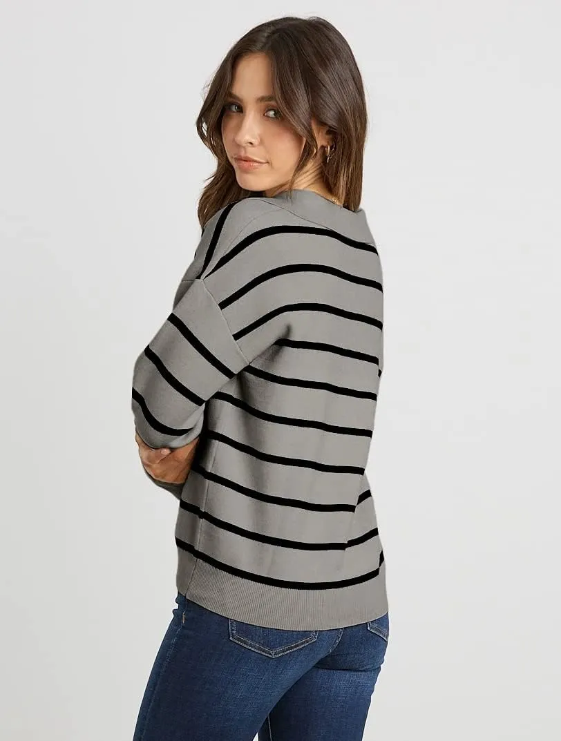 CFLONGE Women's Casual Striped Long Sleeve Polo V Neck Lightweight Pullover Sweater Loose Fit Drop Shoulder Knitted Shirt Top
