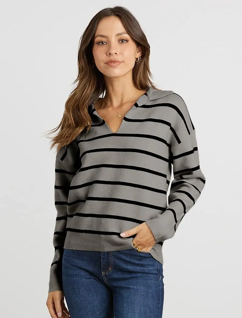 CFLONGE Women's Casual Striped Long Sleeve Polo V Neck Lightweight Pullover Sweater Loose Fit Drop Shoulder Knitted Shirt Top