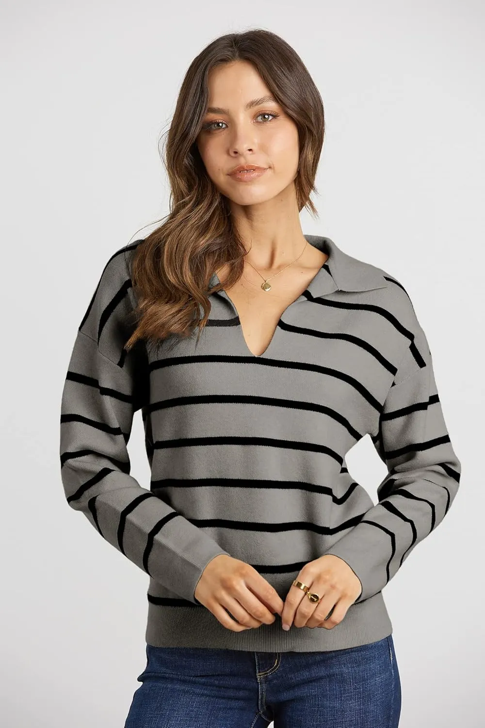 CFLONGE Women's Casual Striped Long Sleeve Polo V Neck Lightweight Pullover Sweater Loose Fit Drop Shoulder Knitted Shirt Top