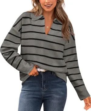 CFLONGE Women's Casual Striped Long Sleeve Polo V Neck Lightweight Pullover Sweater Loose Fit Drop Shoulder Knitted Shirt Top