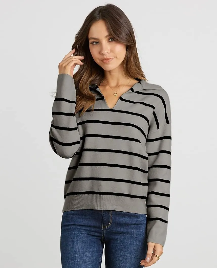 CFLONGE Women's Casual Striped Long Sleeve Polo V Neck Lightweight Pullover Sweater Loose Fit Drop Shoulder Knitted Shirt Top
