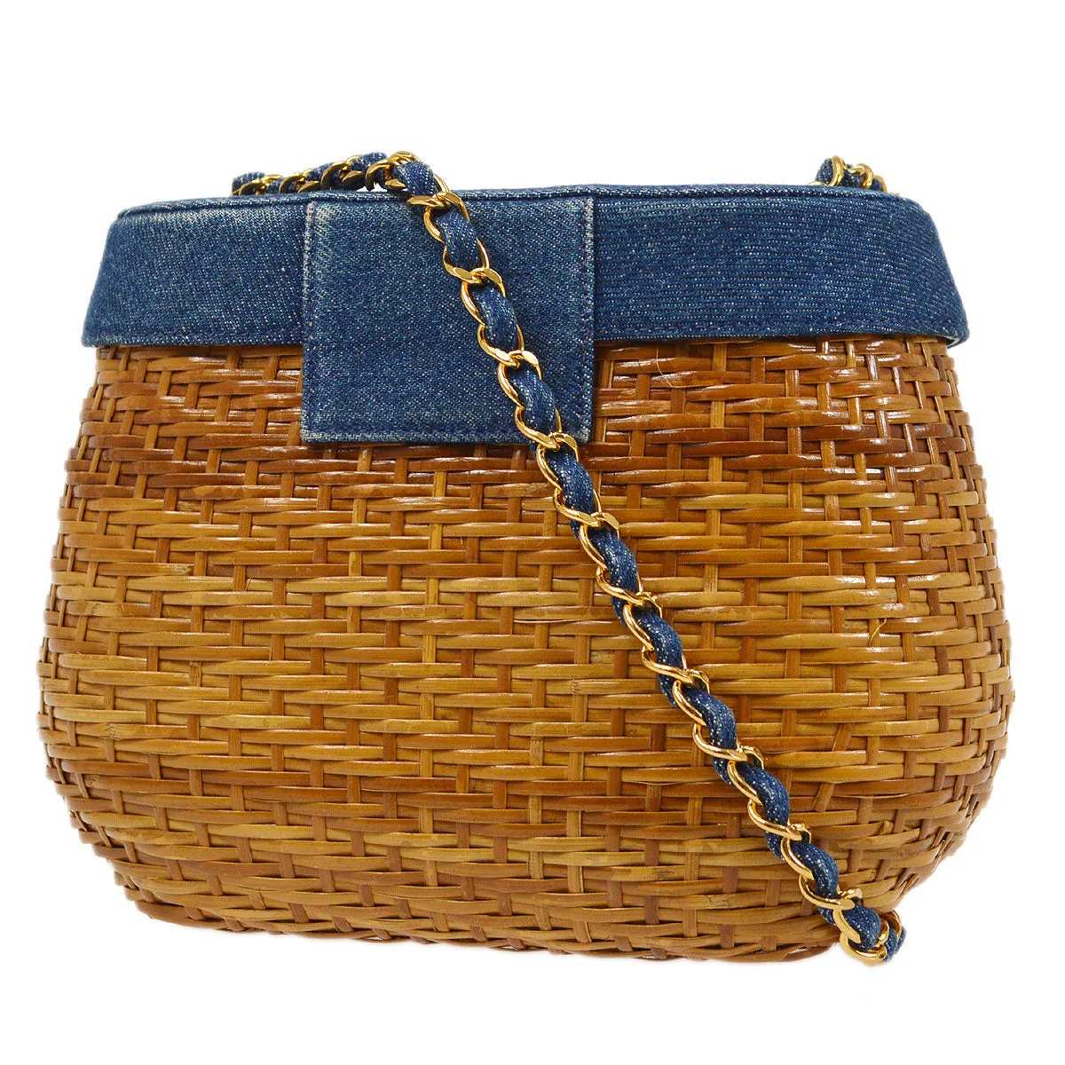 CHANEL 1997-1999 Basket Chain Straw Shoulder Bag Denim Indigo K08317e