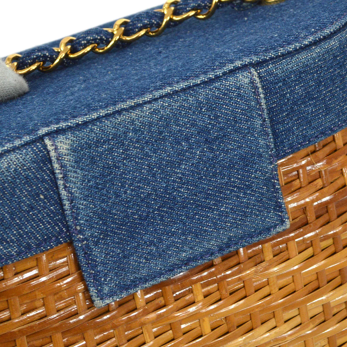 CHANEL 1997-1999 Basket Chain Straw Shoulder Bag Denim Indigo K08317e