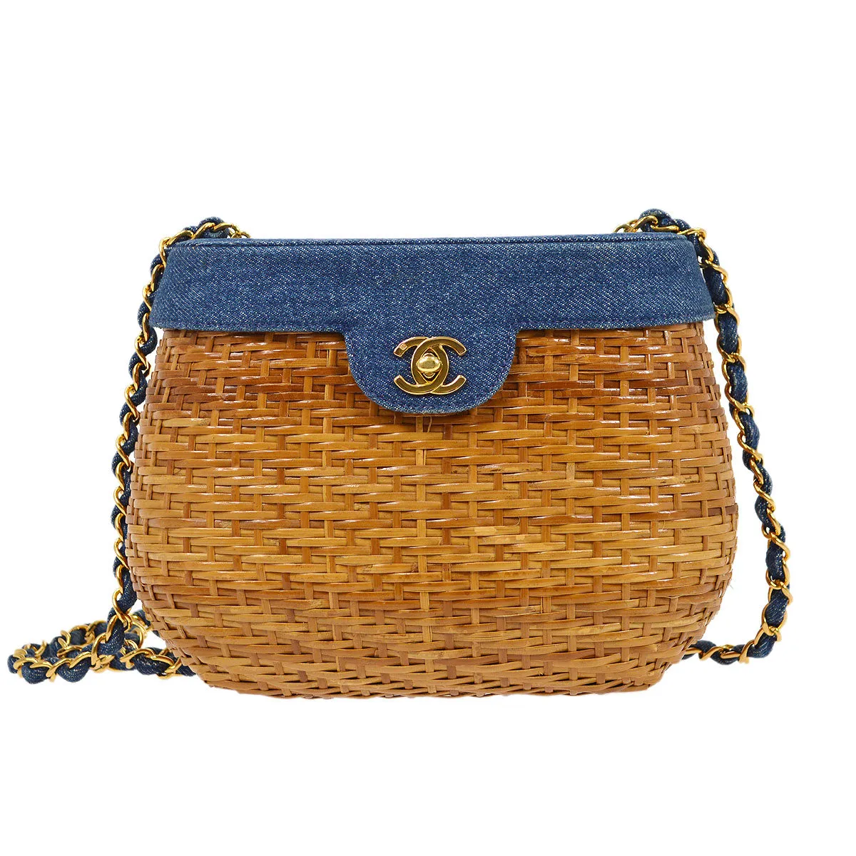 CHANEL 1997-1999 Basket Chain Straw Shoulder Bag Denim Indigo K08317e