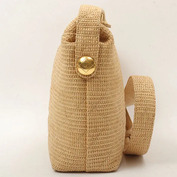 Chanel Around 1992 Made Straw Turn-Lock Shoulder Bag Beige