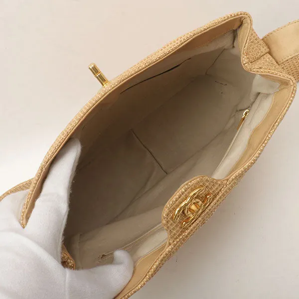 Chanel Around 1992 Made Straw Turn-Lock Shoulder Bag Beige
