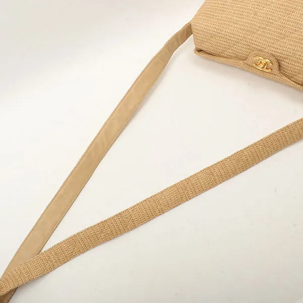 Chanel Around 1992 Made Straw Turn-Lock Shoulder Bag Beige