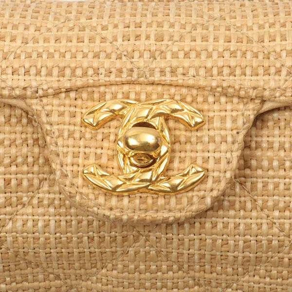 Chanel Around 1992 Made Straw Turn-Lock Shoulder Bag Beige