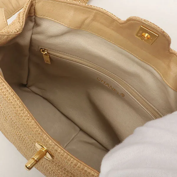 Chanel Around 1992 Made Straw Turn-Lock Shoulder Bag Beige